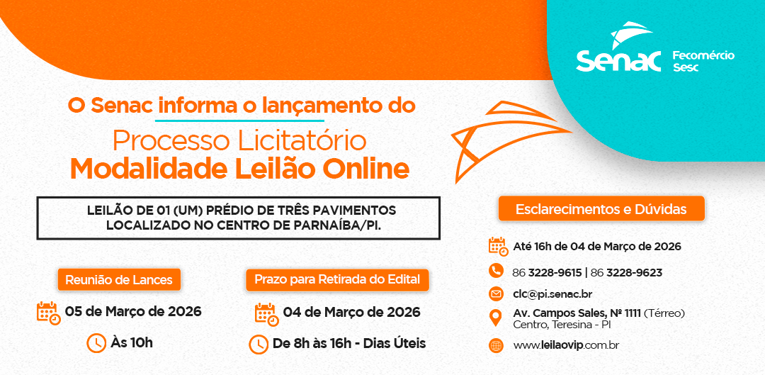 Senac Piauí divulga Edital de Leilão Online